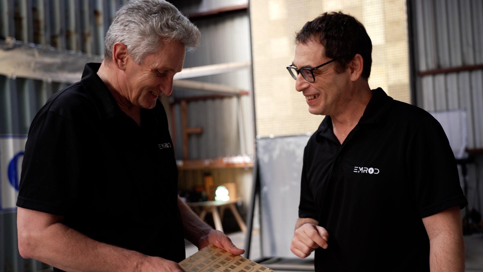 Greg Kushnir, Emrod CEO, and Ray Simpkin, Chief Science Officer, at Emrod’s indoor test facility where the indoor prototype system is operating.